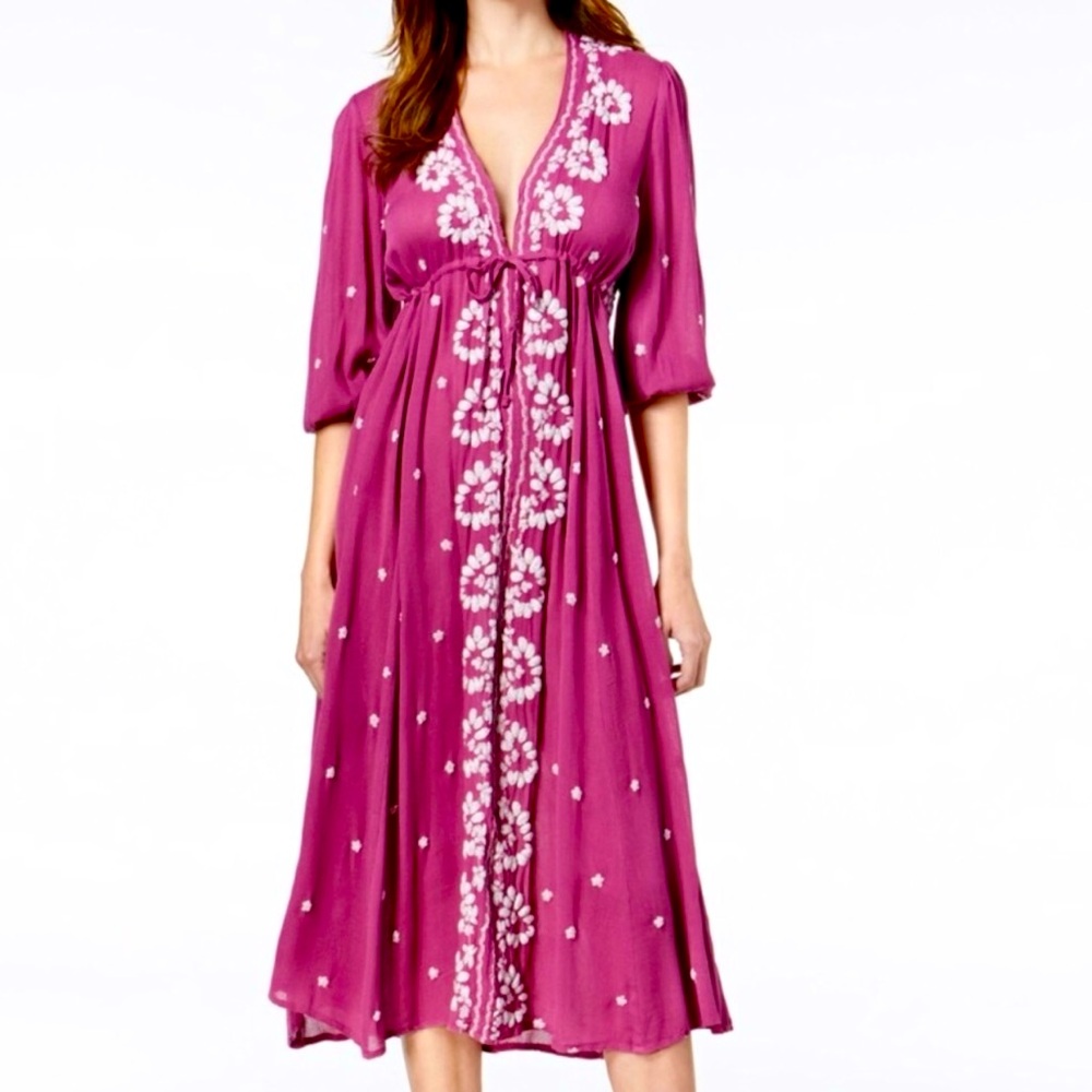 Free People Embroidered Fable Midi Dress - Raspberry Size Small